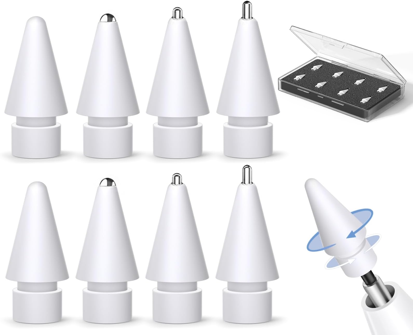8 Pack for Apple Pencil Tips Replacement Accessories,Compatible with Apple Pencil Pro/2nd Generation/1st Generation/USB C,iPencil Nib for iPad Pro/Air/Mini,for Drawing Writing(White Metal Nib)