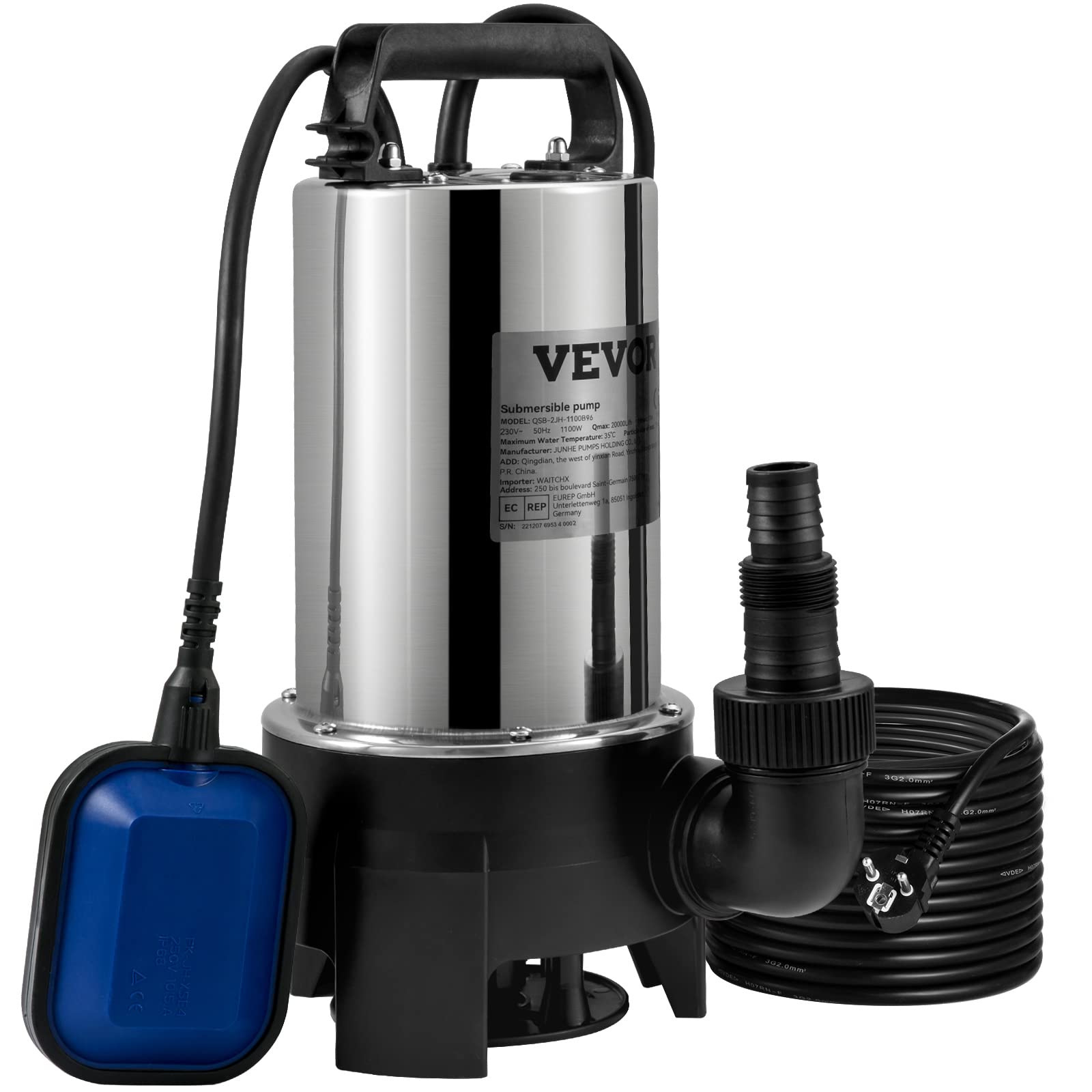 VEVOR Pompe de Relevage Eaux Chargées 1100 W 333,3 L/min Immergée