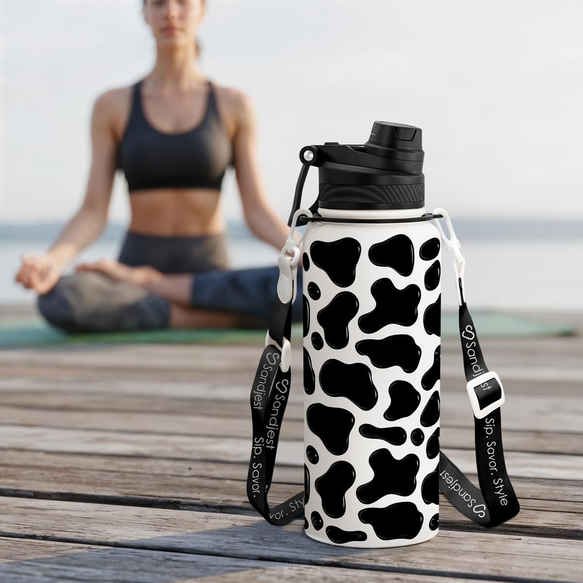 SANDJEST Cow Skin Stainless Steel Water Bottle with Strap 32oz, Insulated Bottles with Straw and Spout Lid for Gym Sports Travel Outdoor, Gifts for Women Girls Birthday Christmas - Image 6