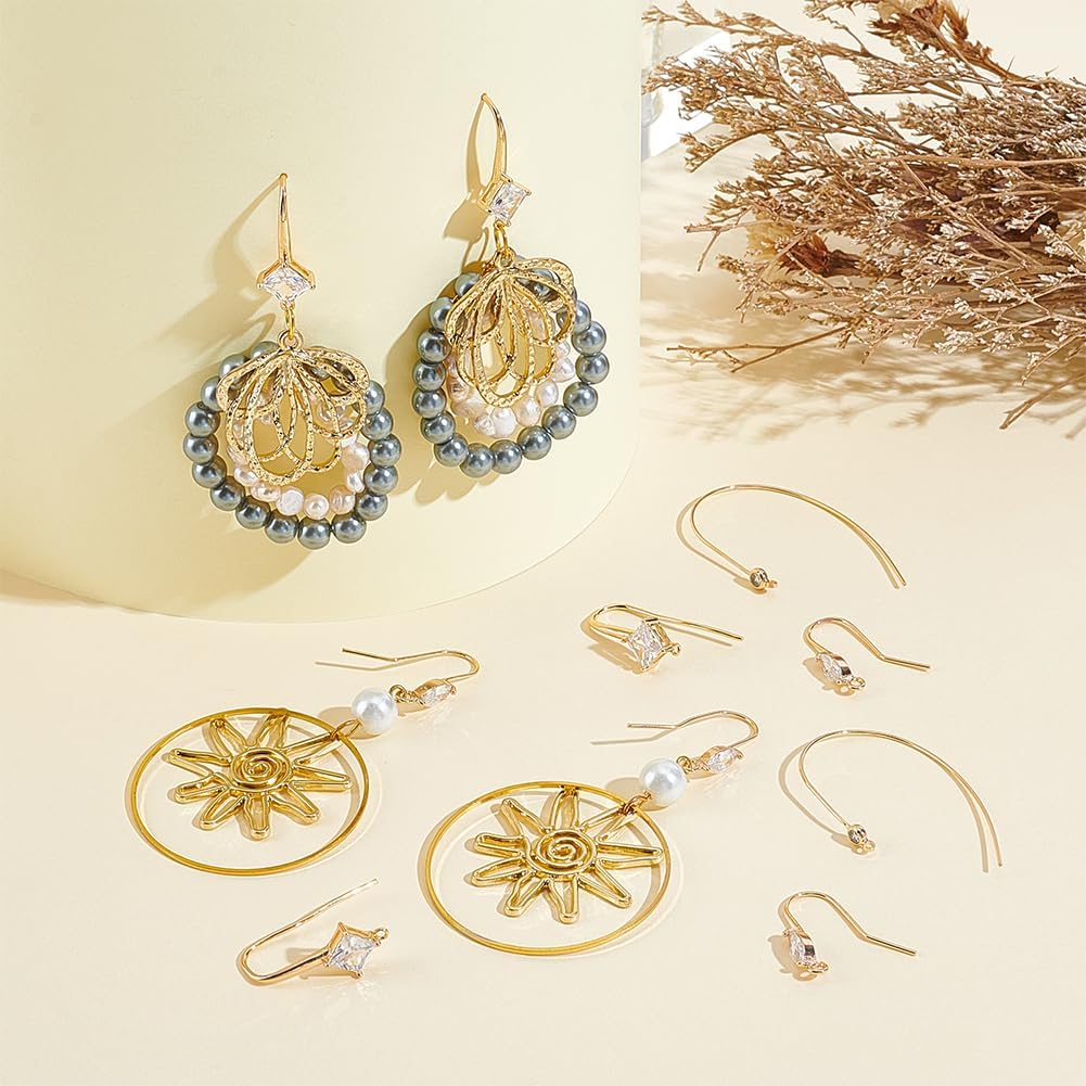 Beebeecraft 12Pcs 3 Styles Cubic Zirconia Earring Hooks 18K Gold Plated Ear Wire Findings with Loop for Jewelry Making DIY Crafts - Image 3