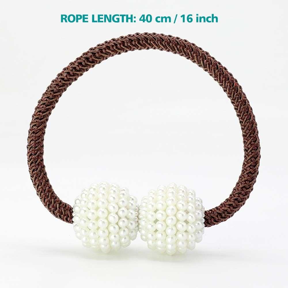 DEZENE Pearl Magnetic Curtain Tiebacks: 4 Pack Decorative Drape Tie Backs Rope Holdback Holder for Window Drapries Shower Curtains
