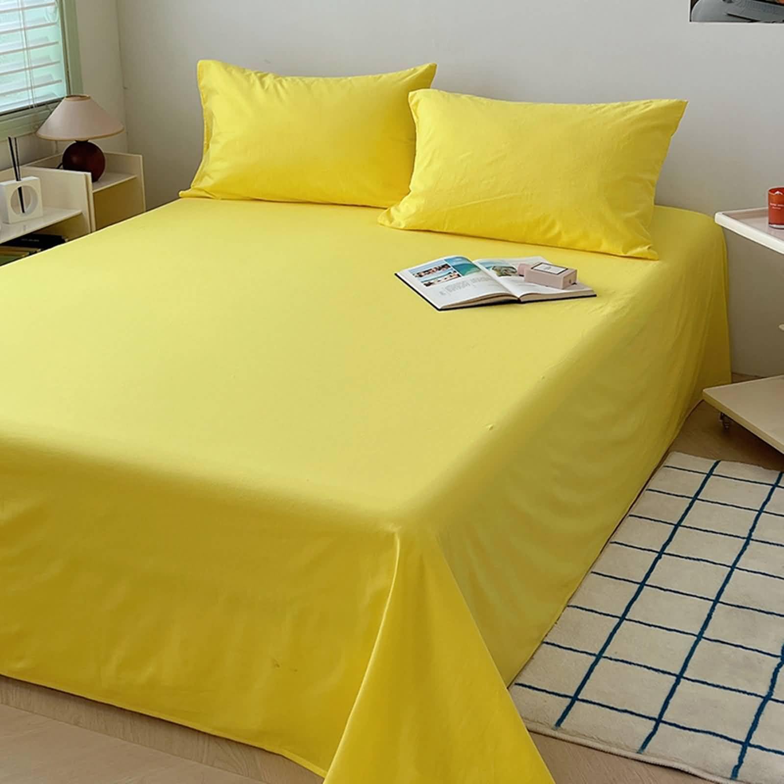 Betttuch ohne Gummi 160x230 cm, Bettlaken Einzelbett Baumwolle Einfarbig Bettwäsche Sommer Weich und Atmungsaktiv Maschinenwaschbar, Leuchtendes Gelb