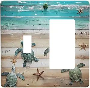 Decorative Outlet Covers Turtle Starfish Beaches Blue Wood Plank 2 Gang 1 Gang Wall Plate Cover Single Toggle Rocker Combo Light Switch Cover Plate Face Plate