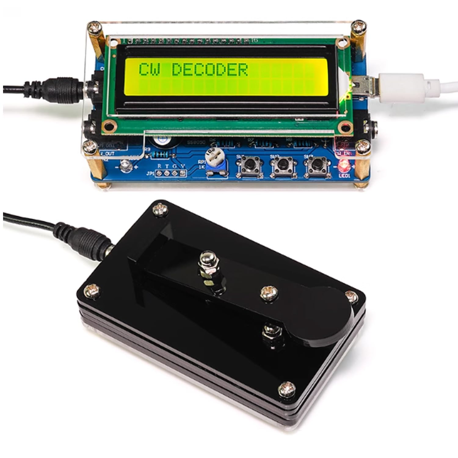A diagram showing the dimensions and key specifications of the Upgraded CW Morse Code Decoder. It lists power supply as USB, working voltage 5V, working current 25mA (without decoding), maximum operating current 60mA (when decoding buzzer sounds), and PCB size 91x48mm. Dimensions of the assembled unit are also shown: 96.5mm length, 48mm width, 33.5mm height. The Morse key dimensions are 75mm length, 45mm width, 21mm height.