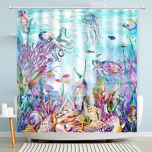 CutebriCase Blue Ocean Seaworld Shower Curtain, Marine Life Shower Curtain Beach Turtle Octopus Sea Horse Coral Star Conch Fish Beach Shower Curtain Set Washable Home Office Decor Bath Curtain