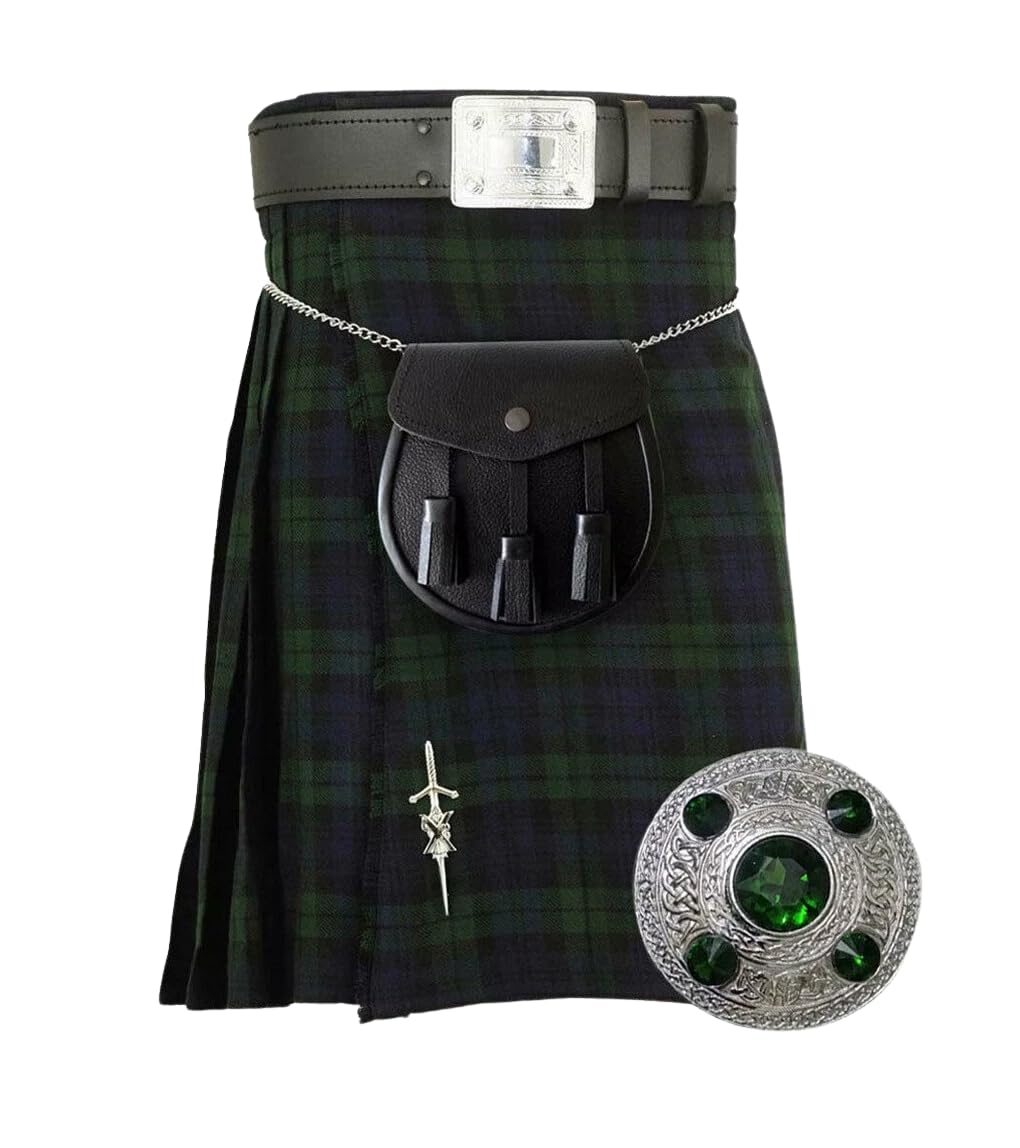 Tartancity 6 Pcs Scottish Highland Kilt Set for Men – Traditional Bagpiper Dress Kit with Kilt, Sporran, Brooch & Accessories | Celtic Highland Wear Outfit (UK, Waist, 44, Plus, Regular, Black Watch)