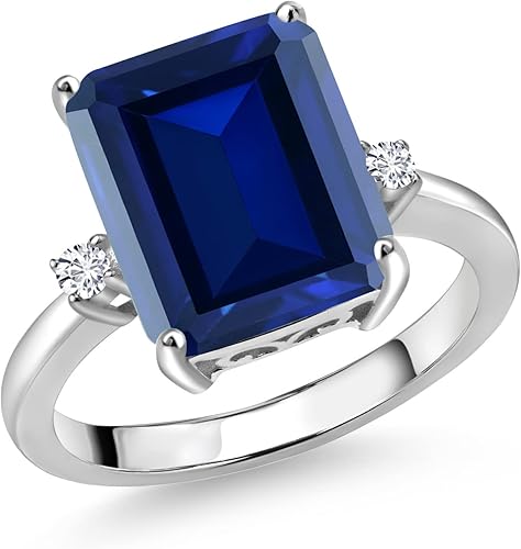 Gem Stone King 5-7 Cttw Gemstone Birthstone and White Lab Grown Diamond 3-Stone Engagement Ring 925 Sterling Silver Center Emerald Cut 12X10MM