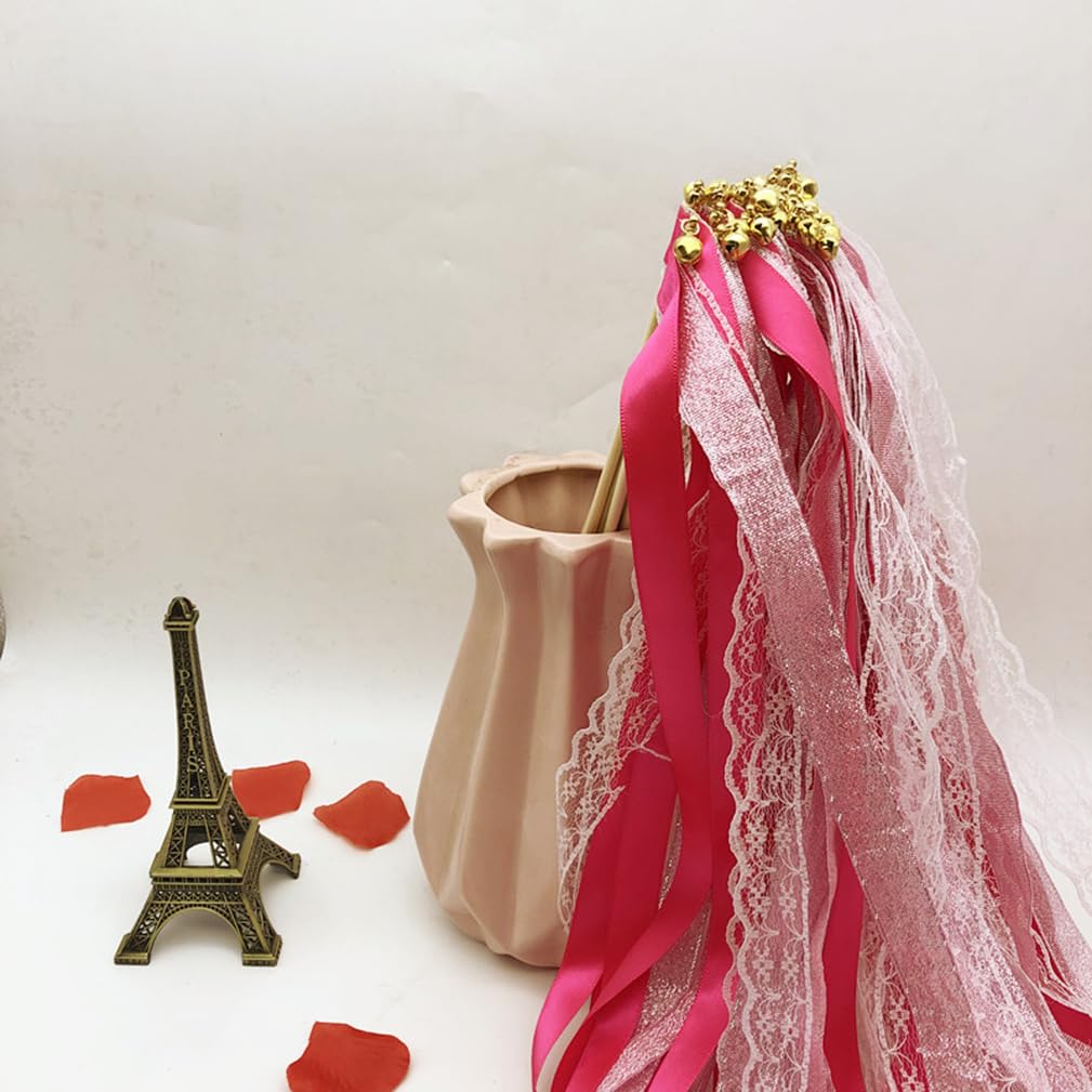 Lot De 10 Baguettes Magiques Pour Mariage - Ruban Polyester, Clochette, Tige Bois 30cm - Couleur Rose Pêche