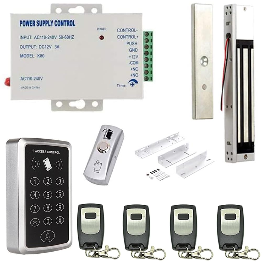 MENGQI-CONTROL Remote Open 600lbs Electric Magnetic Lock Access Control Kit for Inward or Outward Door 3 Remote Control ZL Bracket 110-240V Power Supply Unit Push to Exit Button