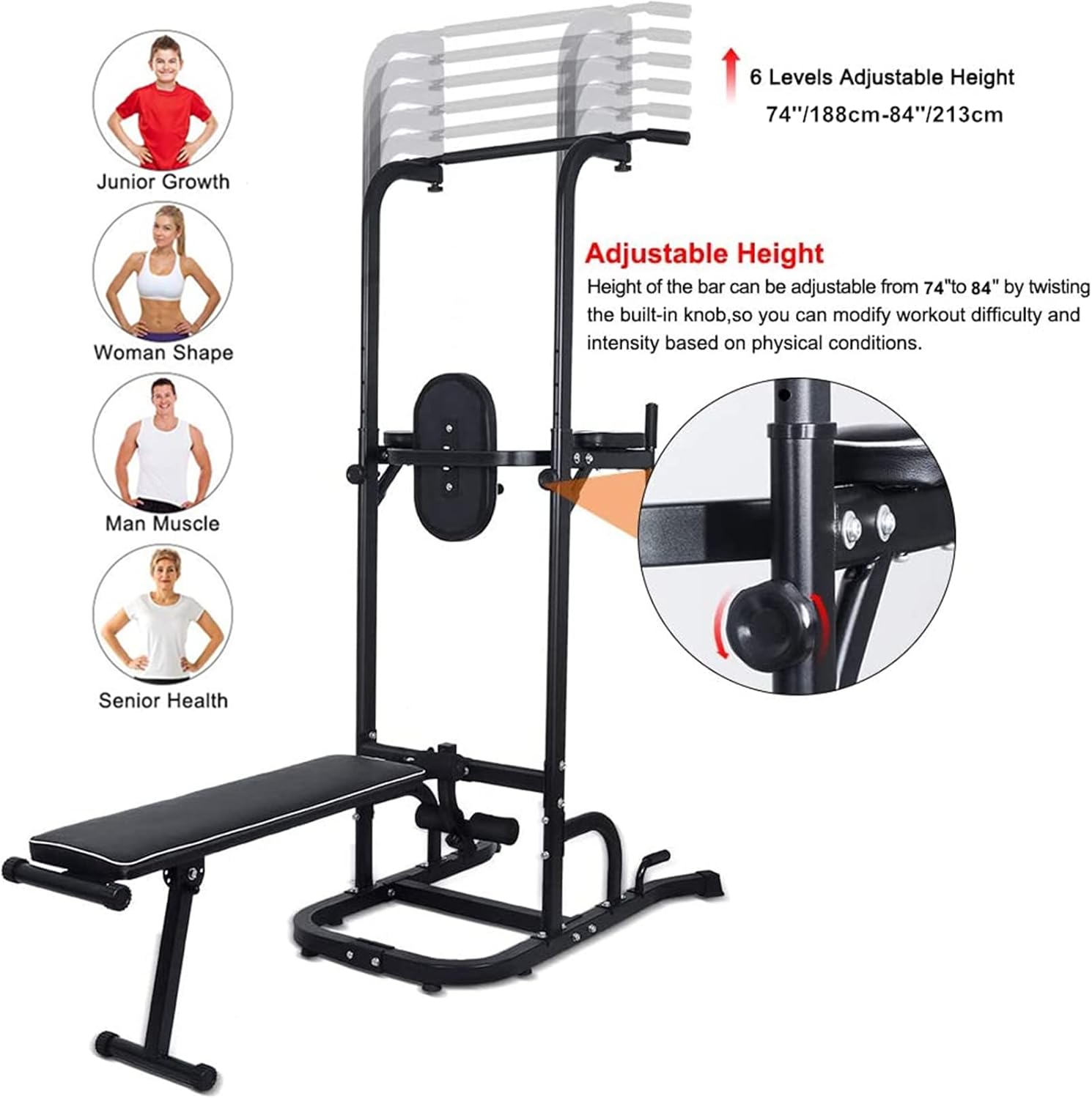 Diagram showing the 6 levels of adjustable height for the ONETWOFIT Power Tower, ranging from 74 to 84 inches (188-213cm), with an inset showing the adjustment knob.