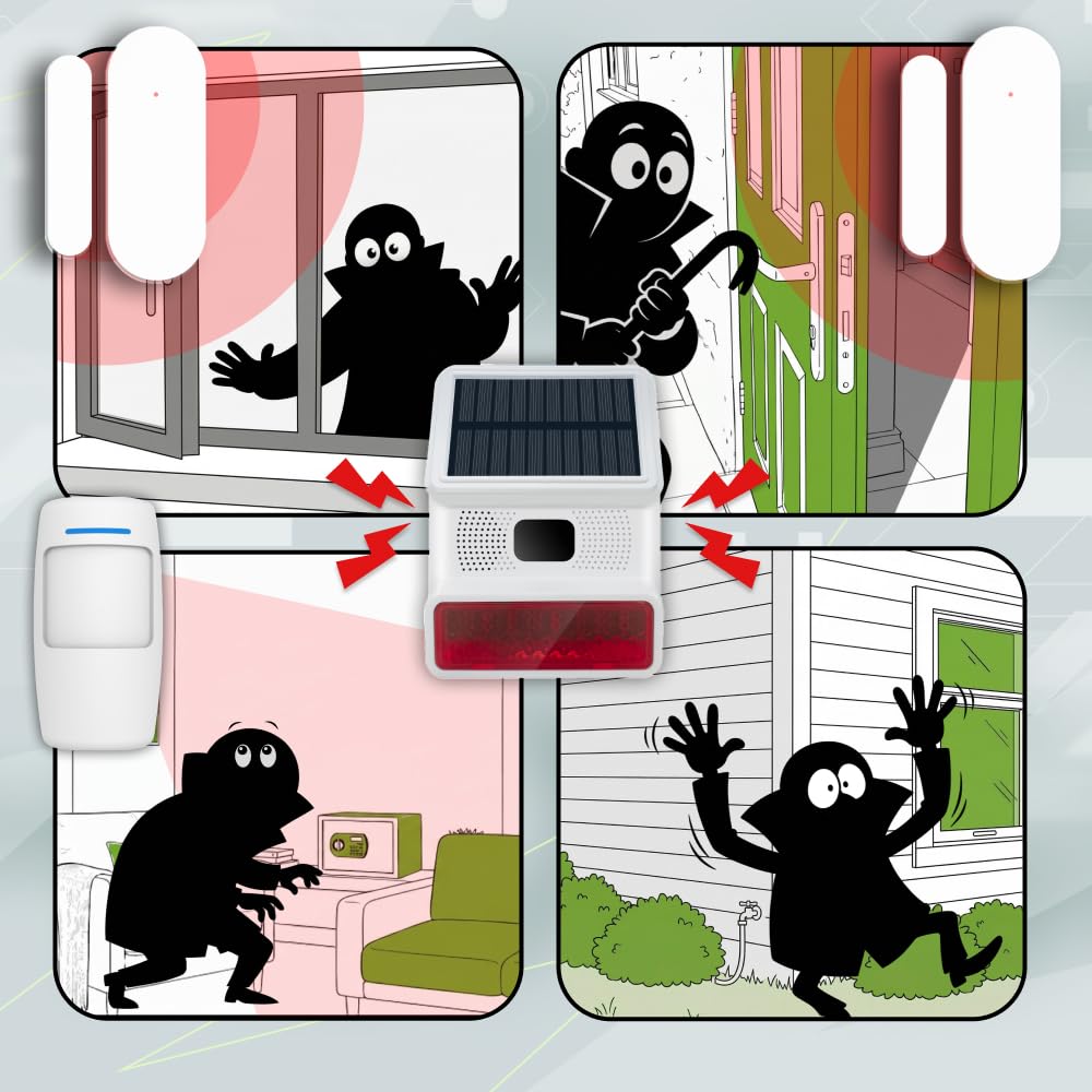 HXA502 Sistema de Alarma para casa WiFi + gsm 4G con Sirena Exterior Solar | Kit inalámbrico con 7X sensores PIR Movimiento y 1x Sensor Puerta/Ventana | Notificaciones por SMS y aplicación