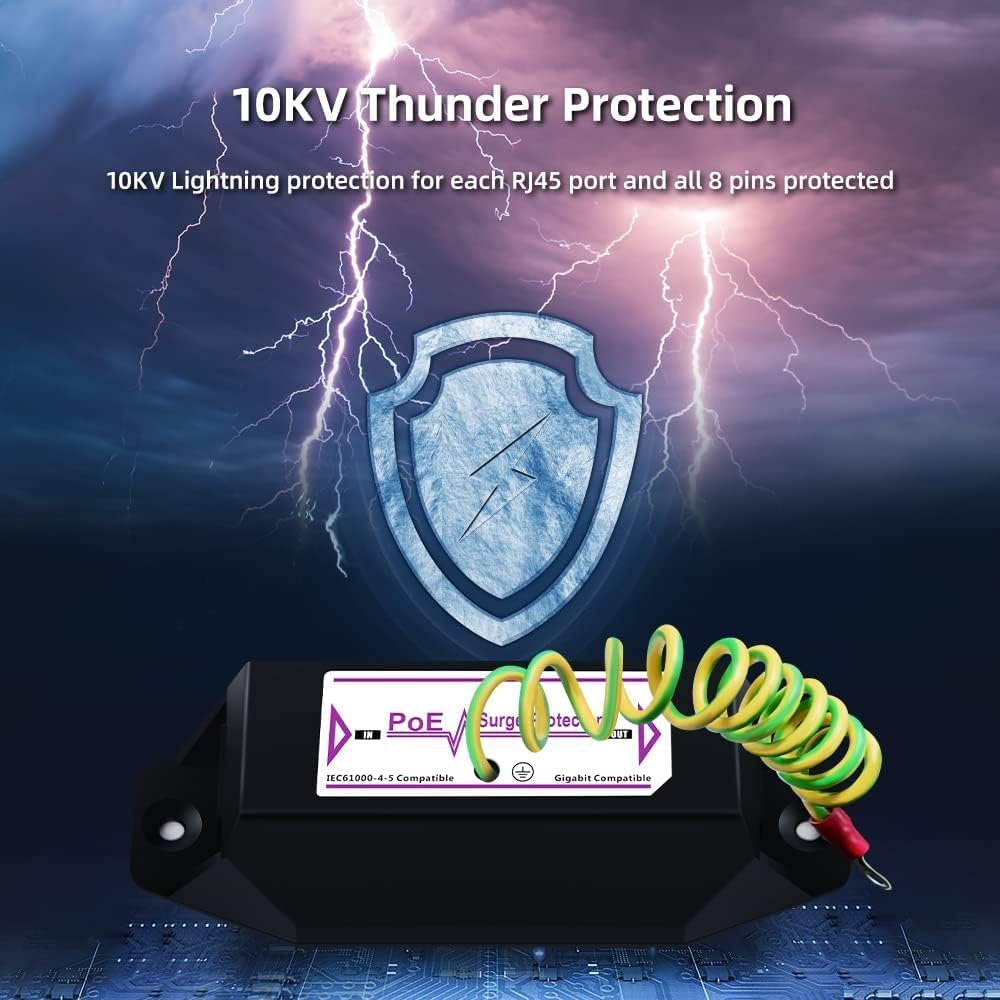 Gigabit Ethernet Surge Protector, 10KV Lightning Suppressor, PoE & CAT5/CAT6 Compatible Thunder Arrestor for 10/100/1000 Mbps LAN Network, RJ45 Port Protection