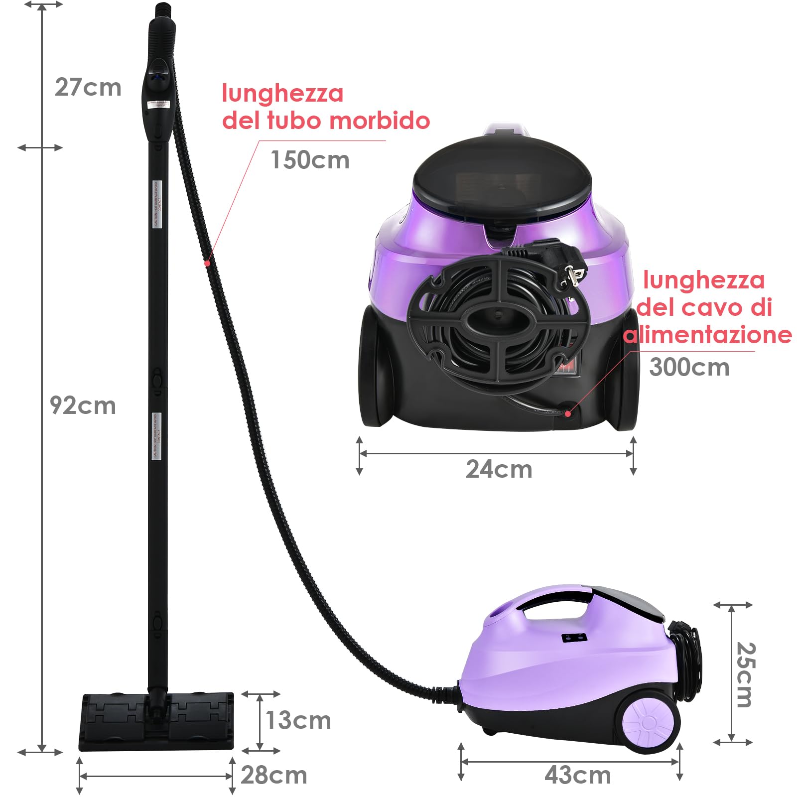 COSTWAY 2000W Pulitore a Vapore con 19 Accessori e Serbatoio da 1,5L, Vapore per Tappeti, per Pulizie Profonde Pavimenti Finestre e Macchine (viola)