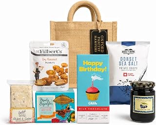 Oxford Pantry Hampers Gift Hamper – Sweet & Savoury Food Gift Selection with Chocolate, Crisps, Flapjack, Jam & Nuts – Small Snack Hamper (Birthday Hamper (Jute Bag))