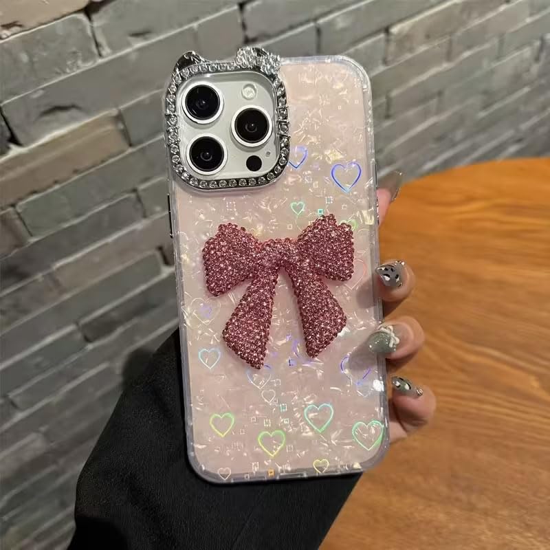 Image of mobistyle Compatible with iPhone 15 Pro | Rhinestone Bow Elegant Heart Shell Pattern and Camera Lens Protection Back Cover Case for Women Girls iPhone 15 Pro (Pink)