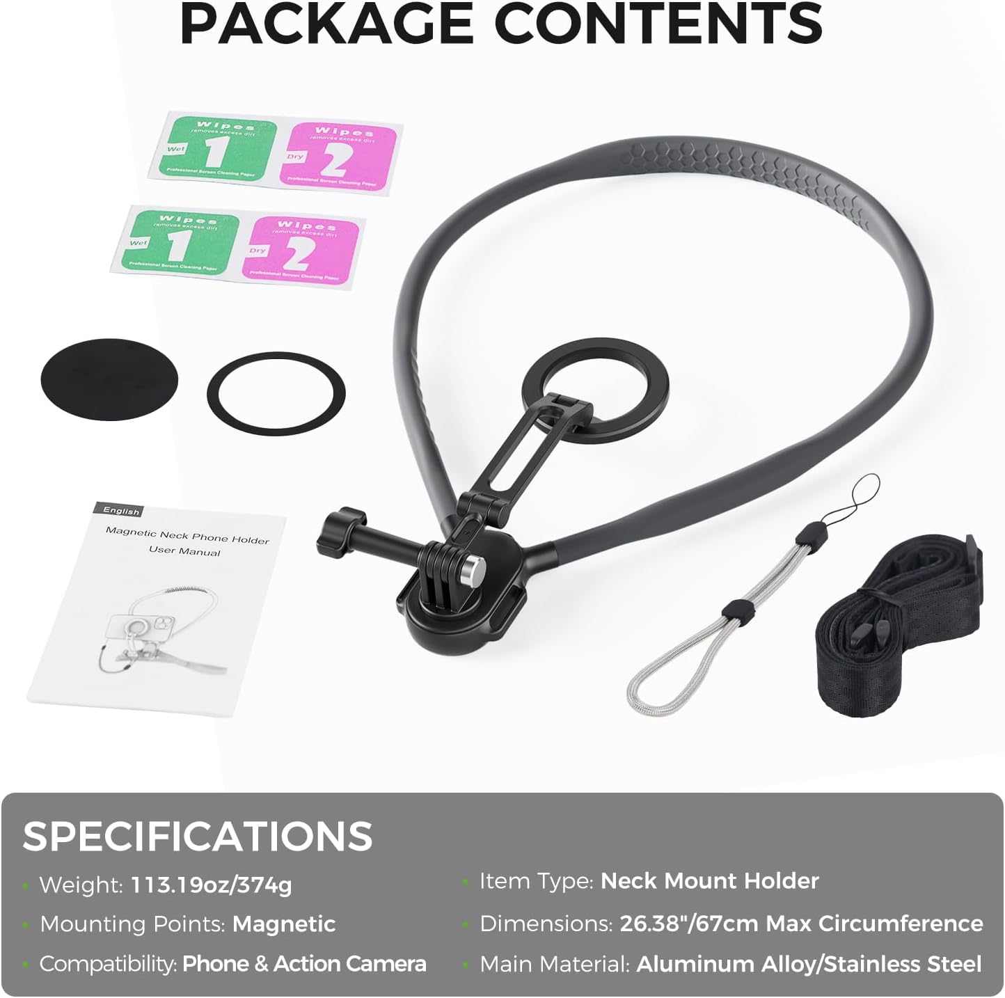 Magnetic Neck Phone Holder, Neck Mount for Cell Phone Hands Free POV/Vlog Selfie Mount with Chest Strap, Chest Phone Holder for Recording/Cooking/Riding, iPhone 17 16 15 14 13 Android GoPro Insta360