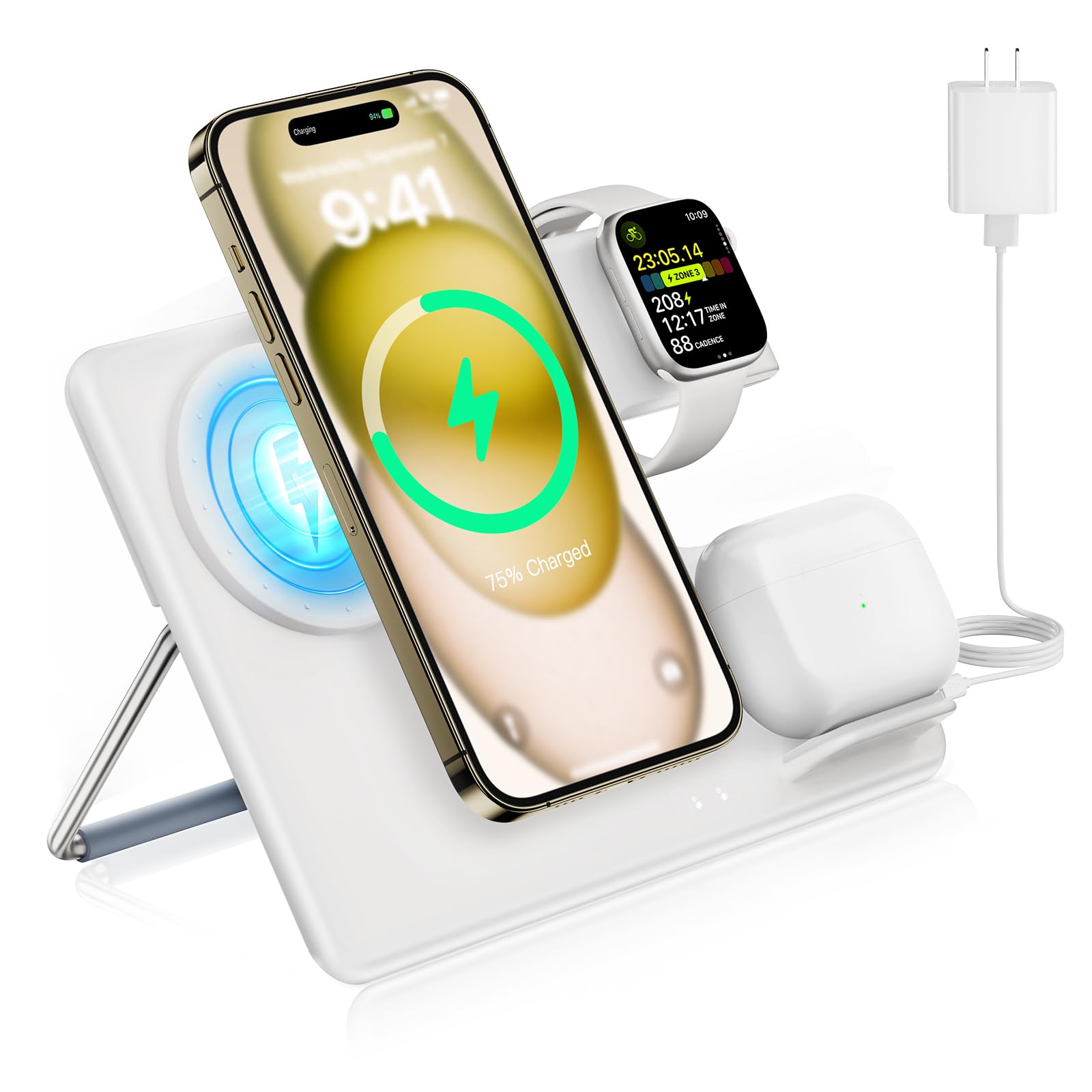 Wireless Charger Station for Apple Mag-Safe: JoyGeek 3 in 1 Magnetic Charging Stand Foldable for iPhone 15 14 13 12 Pro Max Plus - Apple Watch 9 8 7 6 5 4 SE - AirPods Pro 2/3