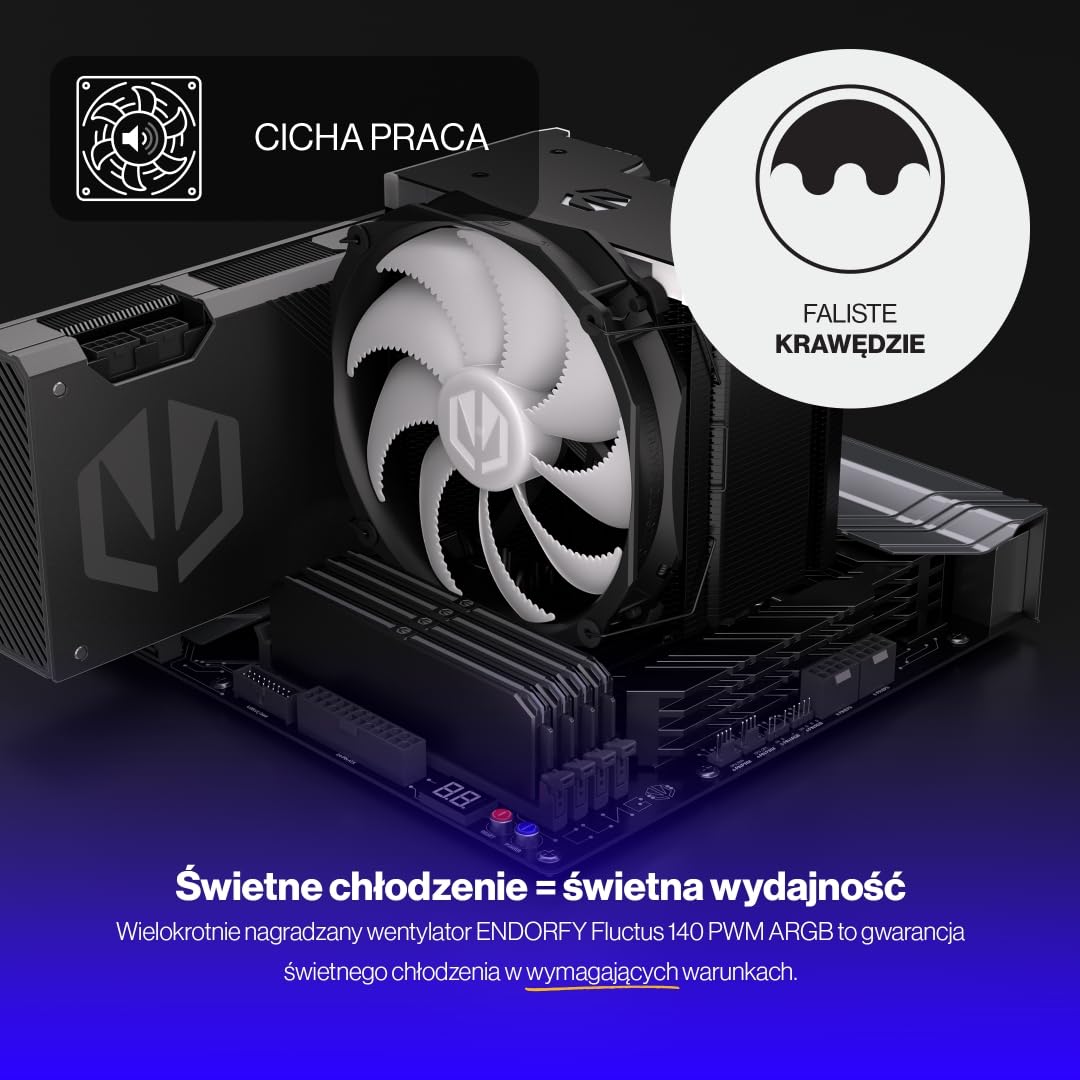 ENDORFY Fortis 5 Black ARGB – Chłodzenie CPU wieża, wentylator Fluctus 140mm PWM ARGB z fan-stop, 6 ciepłowodów, TDP 220W, do AMD AM4/AM5 i Intel LGA1700/1851, Czarny