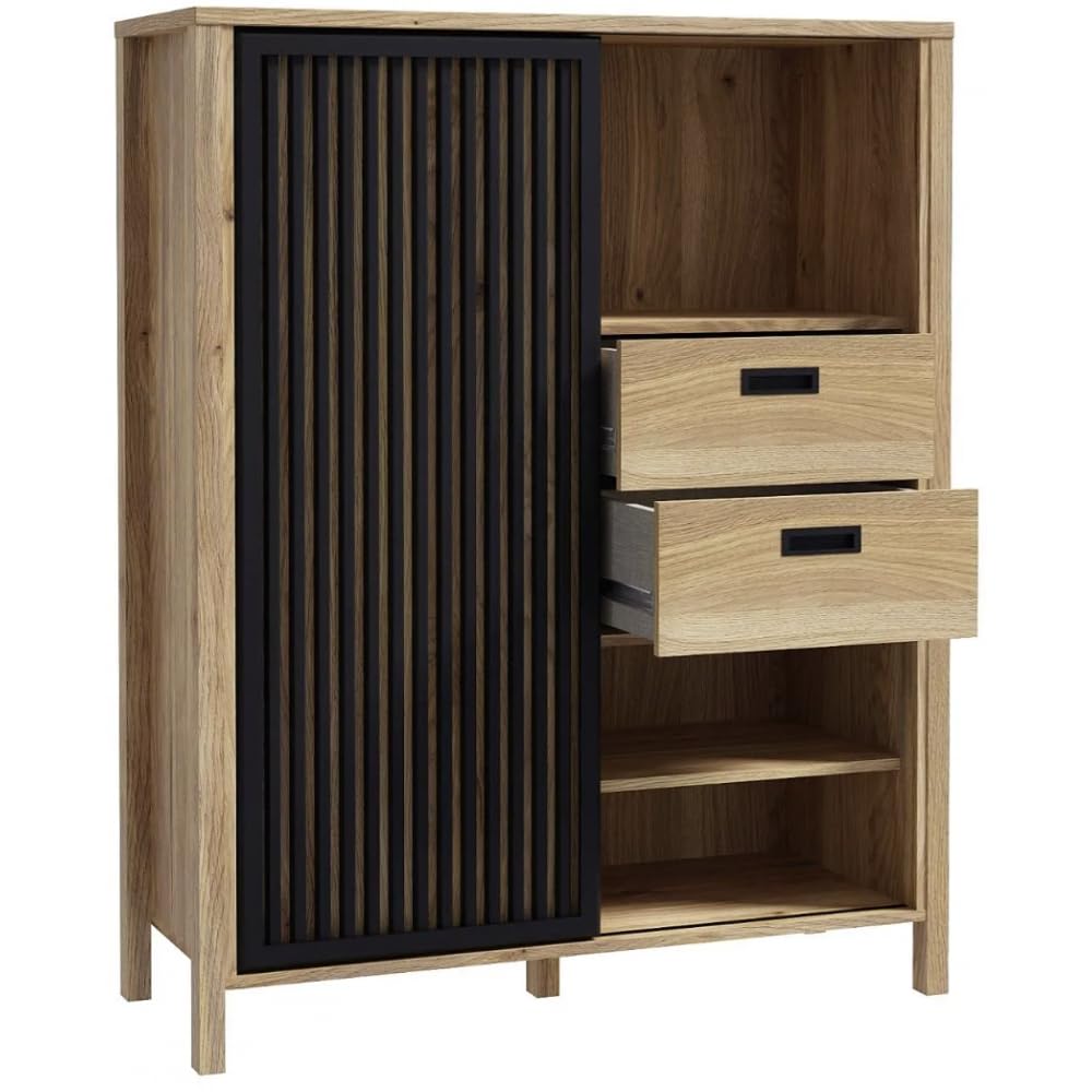 Forte JYTANA Schrank 100 105, skandinavischer Schrank mit 2 Schubladen, Schranktür und 3 offenen Fächern, Mauvella Eiche mit Schwarz, 103,4 cm breit x 129,9 cm hoch x 40,2 cm tief
