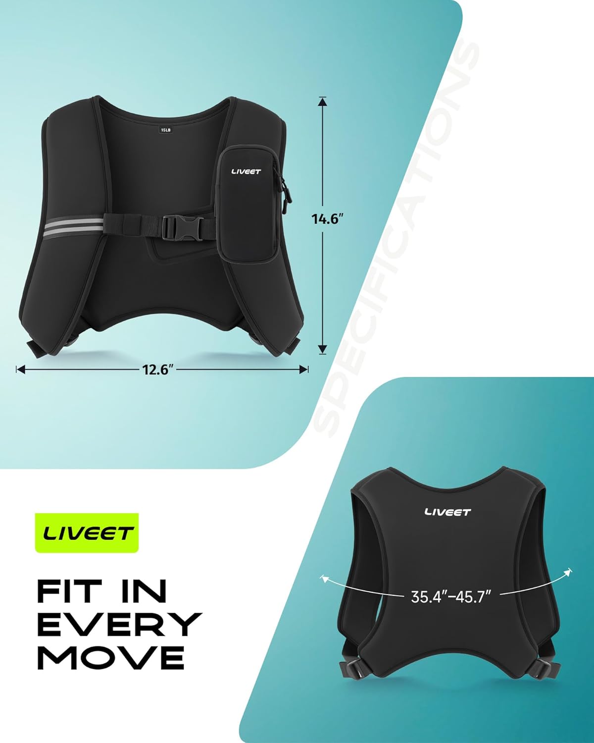 Weighted Vest, Weight Vest for Women Men, 5/10/15 lb Washable Silicone Soft Iron Workout Vest with Reflective Strips & Arm Pocket, Ultra Thin Fitness Vest for Training Walking Yoga