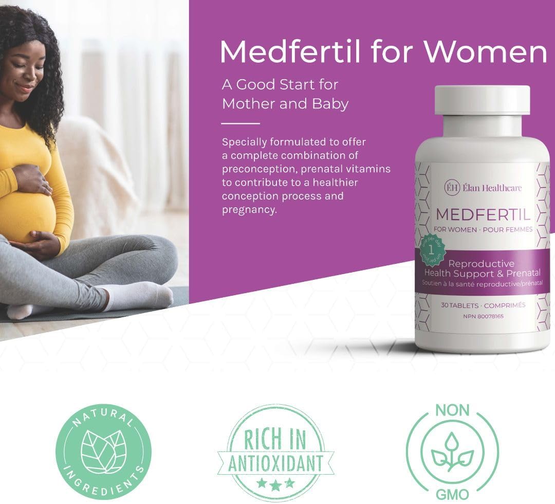 MedFertil Fertility Support, Prenatal Vitamins with Iron, Myo Inositol, Folic Acid, Iodine, Biotin and B Vitamins, 30 Tablets (1 Month Supply) - Elan Healthcare