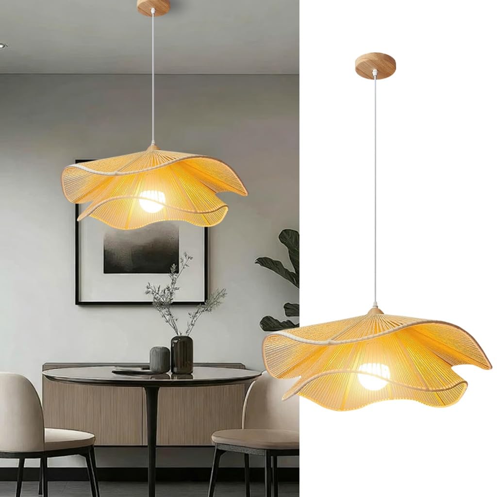 PANNN Wicker Pendant Light Vintage Farmhouse Pendant Lamp Bohemian Style Dining Table Lamp LED Suspended Lighting Fixture Suitable for Kitchen Island Dining Room Living Room Bedroom(Beige,40CM)