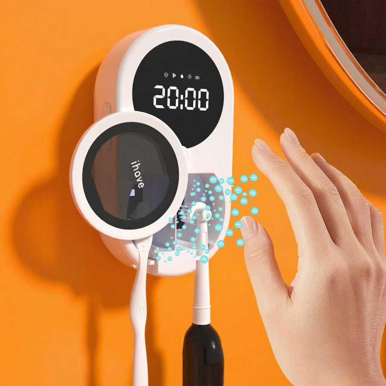 iHave UV Zahnbürstenhalter Wand mit UVC-Licht & 100 Mio. Negativionen, Automatische Desinfektion alle 4 Std., UV Zahnbürsten-Sterilisator mit LED-Anzeige, Heizung & Ventilator, USB-Aufladung