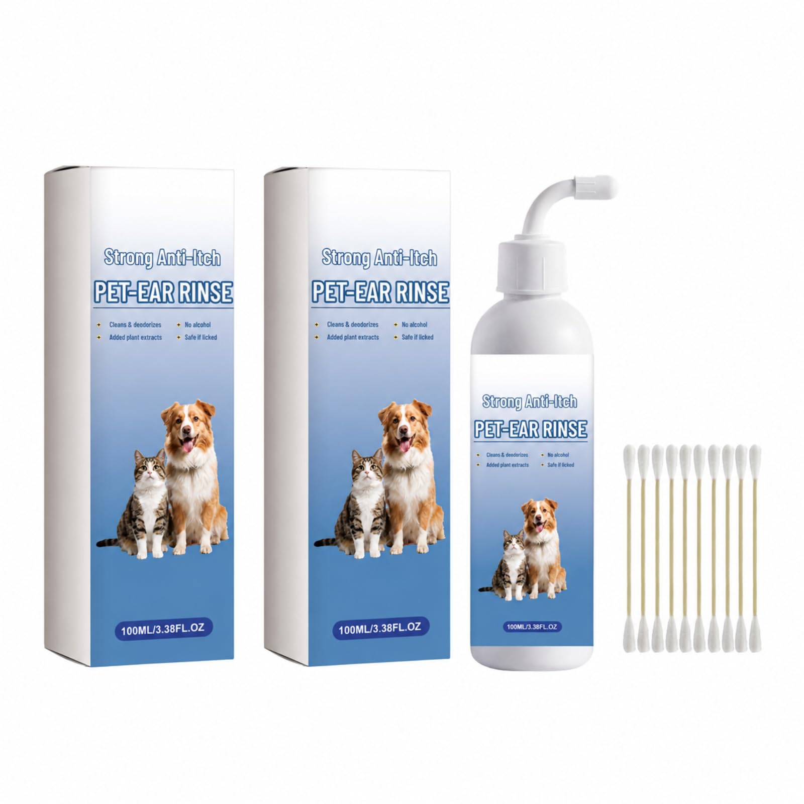 Solution nettoyante auriculaire 100 ml pour chien et chat, anti-odeurs | Embout coudé et cotons-tiges inclus,pour une application précise lors de l’entretien régulier des oreilles de chiens et chats