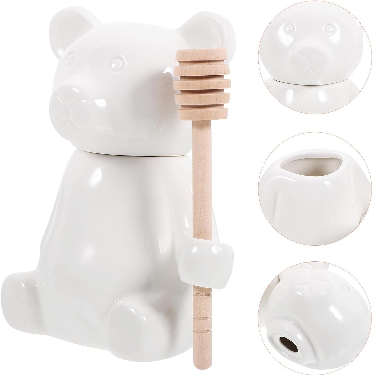 Ceramic Honey Jar with Wooden Dipper Stick White Bear Design 250ml Food Storage Container for Kitchen and Dining Serving