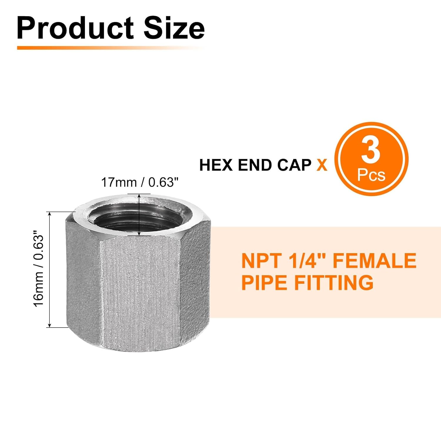 sourcing map 3pcs Hex End Cap 304 Stainless Steel Nut, NPT 1/4" Female Thread Pipe Fitting, Gas Line Water Line Stop Valve Cap Tubing Ends for Plumbing Fittings, Silver Tone