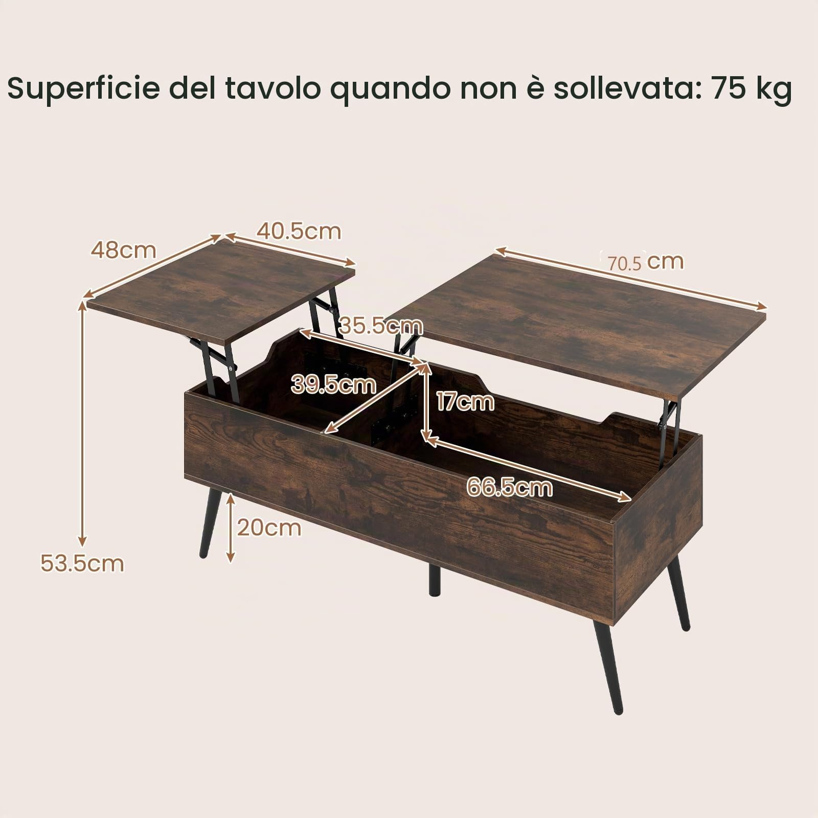 LIFEZEAL Tavolino da Salotto Sollevabile, Tavolino Basso da Caffè, da Soggiorno, Moderno, Salvaspazio, in Legno, con Piano Elevabile, Gambe in Metallo, Contenitore, 2 Scomparti, 110,5x48x40cm, Marrone