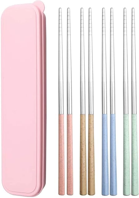 Reusable Metal Chopsticks, 4 Pairs 304 Stainless Steel Chinese Chopsticks Portable Travel Chopstick Washable Chop Sticks with Box