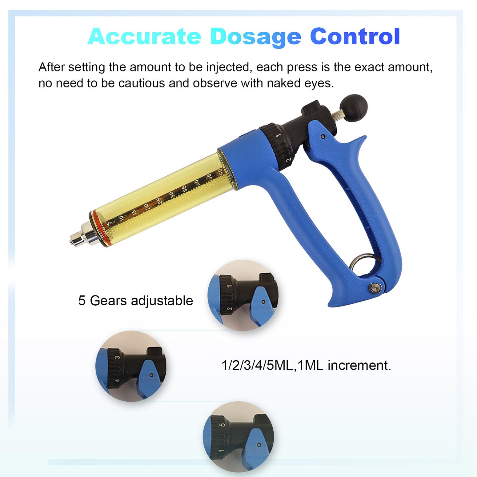Jeringa semiautomática de ganado de 50 ml, 5 engranajes de dosis de ajuste preciso, pistola de vacuna de ganado, jeringa veterinaria de repetición continua Luer Lock para vaca, cabra, cerdo, ovejas