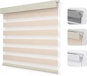 Joydeco No Drill Zebra Blinds for Windows, Cordless Dual-Layer Privacy Zebra Shades for Indoor Windows, Easy to Install, Light Filtering Sheer Blinds for Home (Light Beige, Custom Size)