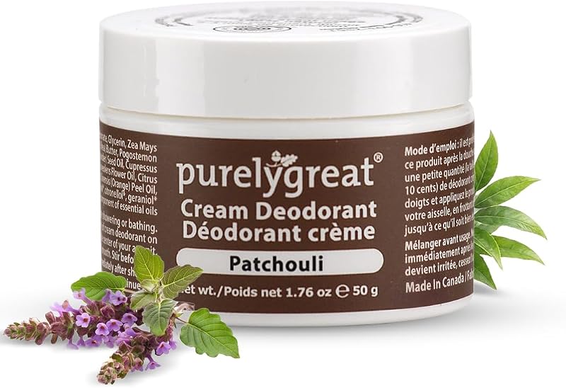 Desodorante em creme Purelygreat com fragrância de patchouli, sem alumínio, 50 g