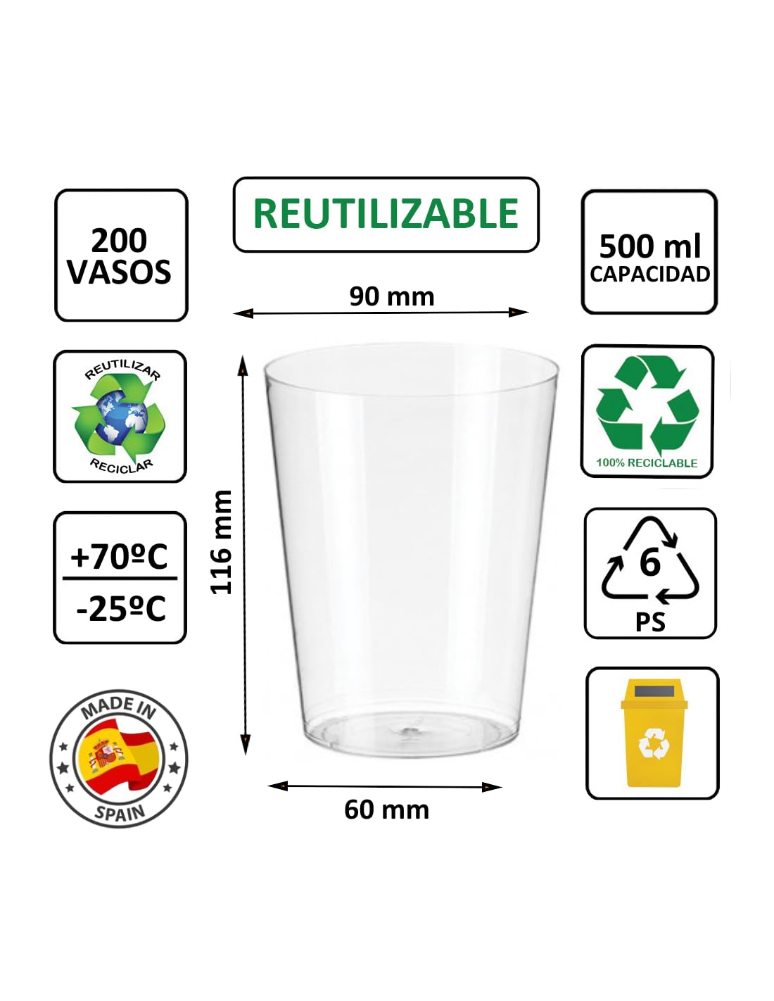 Vasos Sidra - Plástico cristalino (PS) - Color Transparente - Reciclable (200 Uds. Vasos sidra 480 ML)