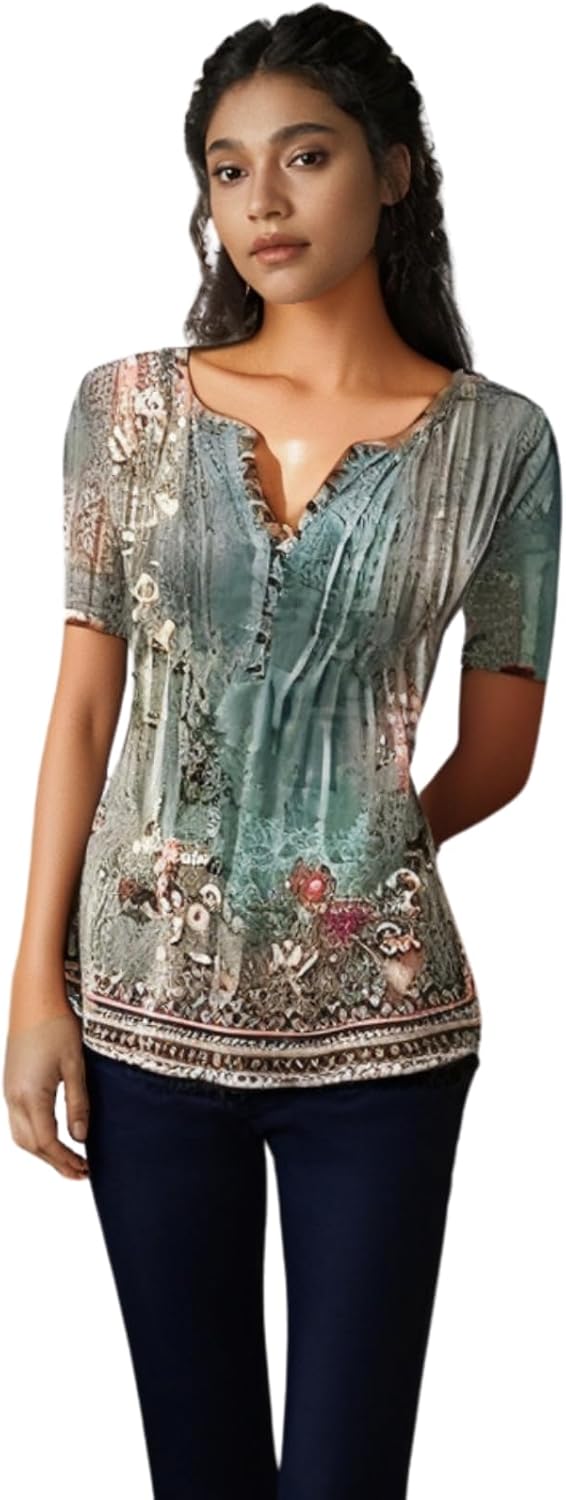 Womens Summer Tops Dressy Casual Short Sleeve Button V Neck T Shirts Trendy Boho Floral Tunic Blouses Cute Flowy Tees - Image 4