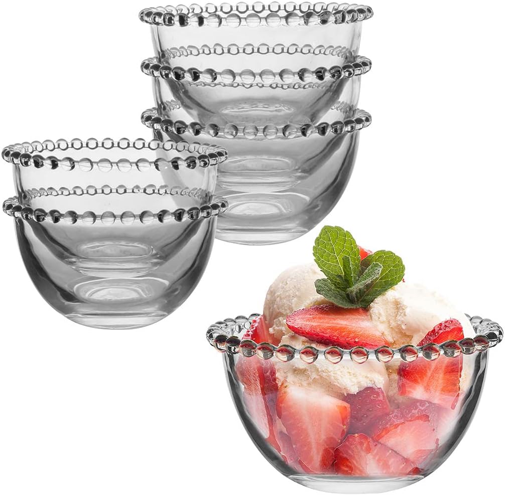 Set of 6 Modern Bella Perle Glass Dessert Fruit Bowls with Beaded Edge