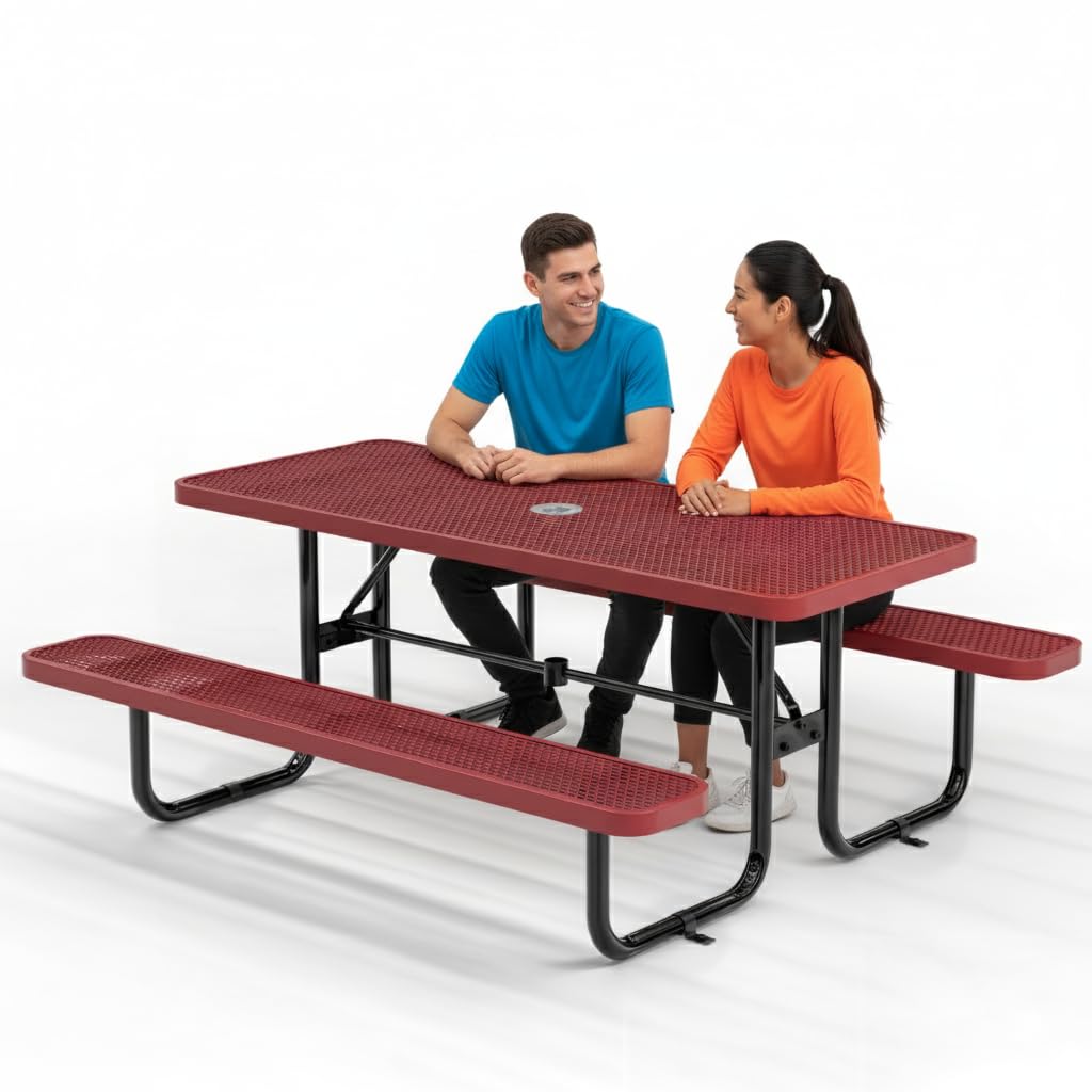 OUTTANS Commercial Heavy-Duty Metal Picnic Table - ADA Compliant Adjustable Seats Umbrella Hole Expanded Metal Red 6 Rectangular