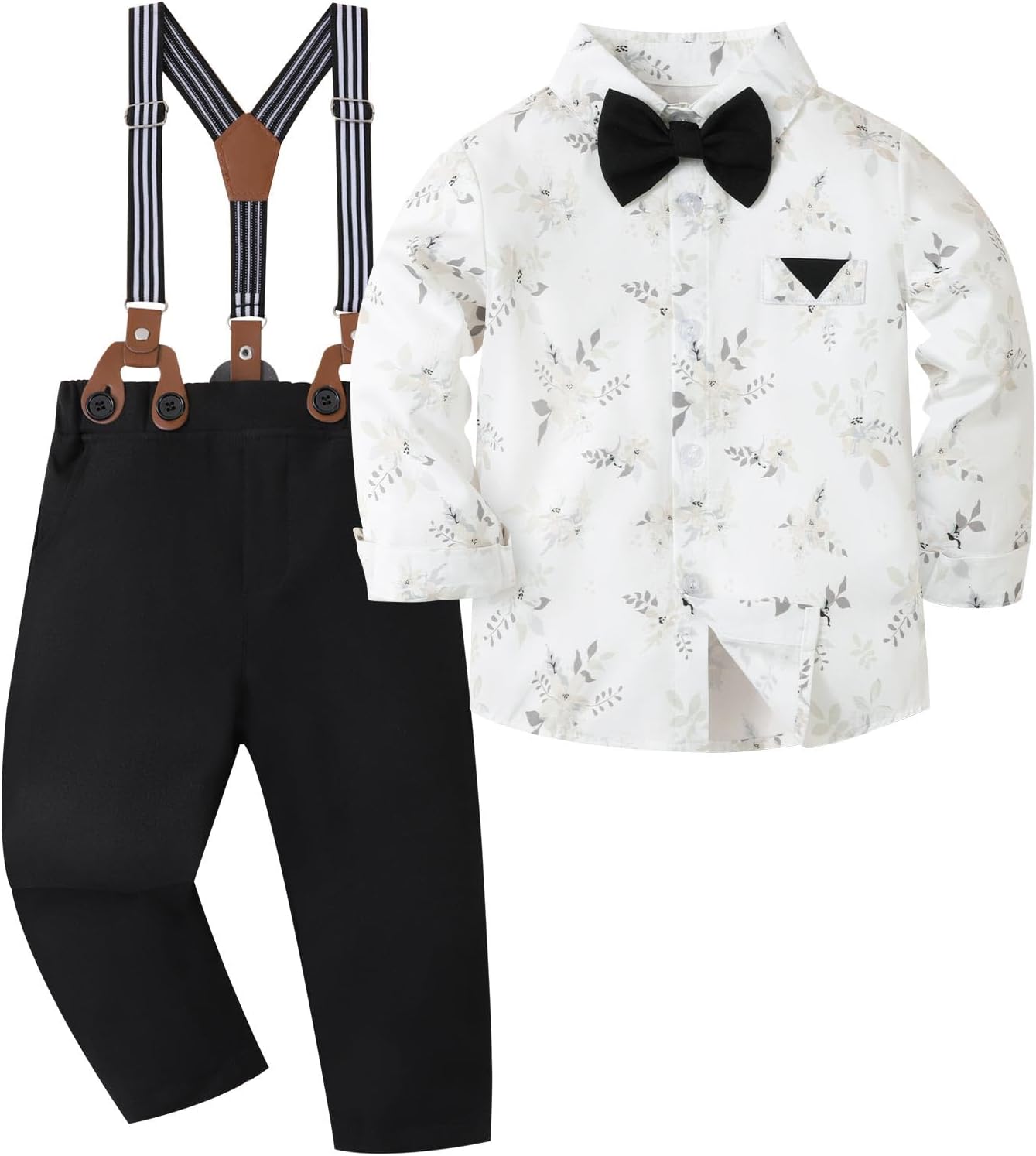 Toddler Boy Suit Set with Suspenders & Bow Tie, Formal Wedding and Christmas Outfits for Holiday Photos 18M-5T