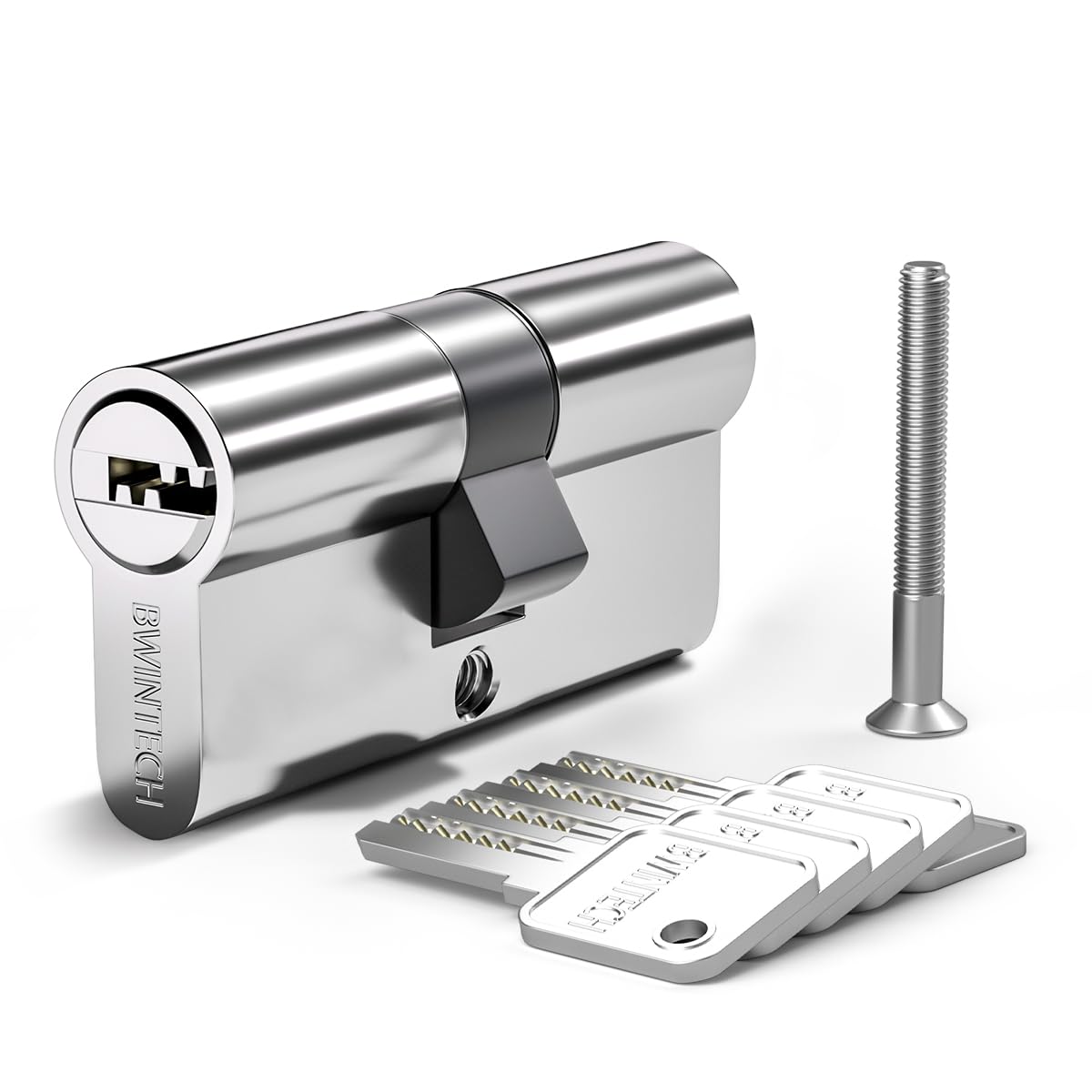 Bwintech 1 Piece 40/50 mm Euro Brass Cylinder, 90 mm Key/Cylinder Key with 5 Horizontal Brass Keys, Anti Picking, Anti Drilling, Anti Snap, Anti Bumping, Chrome Finish