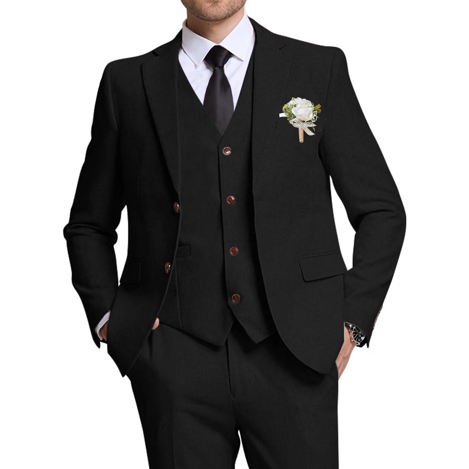 High-End Suits Retro Linen Suit for Men Casual Wedding Suit for Men Slim Fit 3 Pieces Jacket Blazer Vest Pant Groom Tuxedo