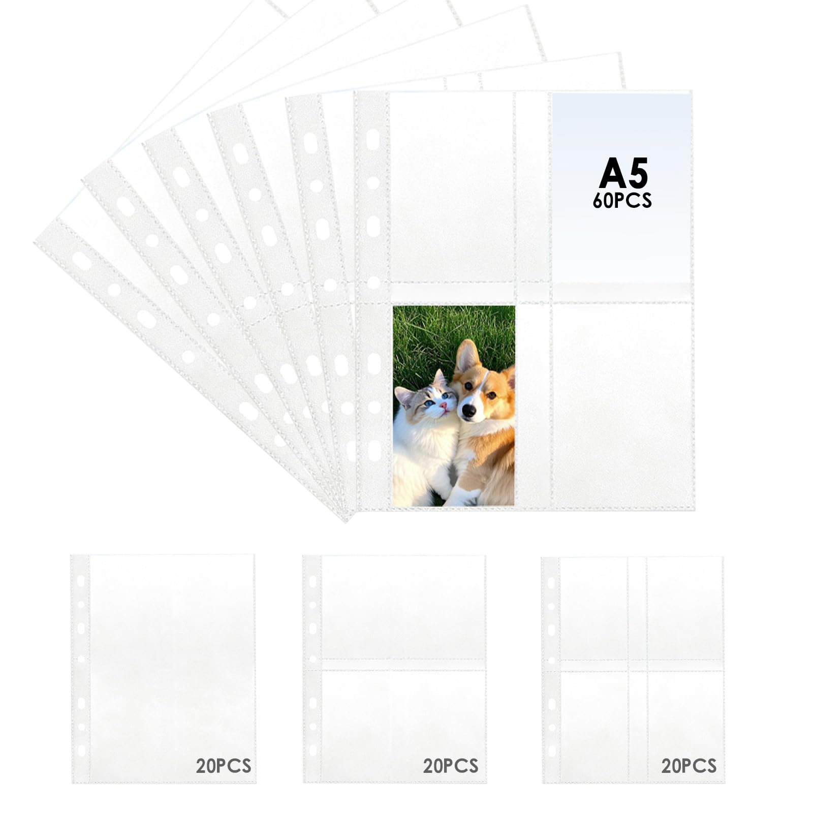60 sztuk przezroczystych koszulek A5, segregator na karty fotograficzne, koszulki na kartki pocztowe, mieszany zestaw z 3 układami – 20 cm górne ładowanie, 15 cm (2-krotne) i 8 cm (4-krotne