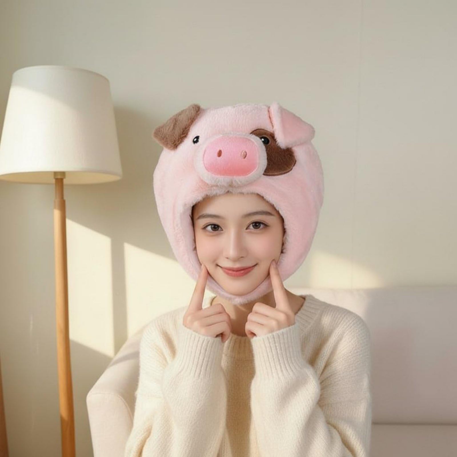 Gorro de Cerdo Rosa de Peluche Sombrero Cabeza de Cerdito de Animal Gorro Disfraz con Calce Mullido y Agradable Felpa Corta y Relleno Pp Adecuado para