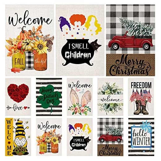 Doncida Seasonal Garden Flags Set of 10 Double Sided Burlap 12x18 Inch Welcome Easter Spring Holidays Garden Flag, Small Yard Flag for Outdoor Decorations