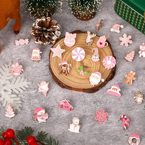Image of SANNIX 60Pcs Pink Christmas Pins, Christmas Lapel Pins for Party Favors, Xmas Brooch Pin Santa Claus Snowflake Badge for Holiday Gift Clothes Bags Hats Accessories, 30 Styles