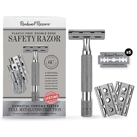ROCKWELL RAZORS 6C Gunmetal Chrome Safety Razor With 6 Adjustable Shave Settings and 5 Fully Recyclable Razor Blades. Reusable Safety Razors for Men and Women.
