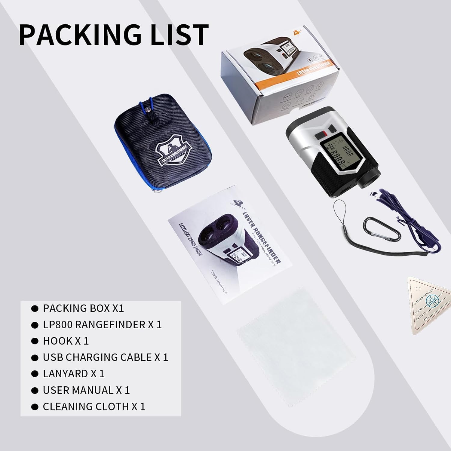 Image showing all included components: rangefinder, carrying case, USB cable, lanyard, user manual, and cleaning cloth.