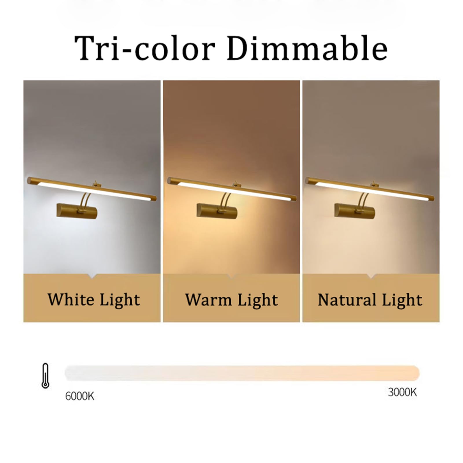 LED Spiegellampe Bad Wandleuchten Dimmbar Wasserdicht IP44 Wandleuchte Spiegellampe Einstellbar Innen Badleuchte 3000K-6500K Wandbeleuchtung für Badschrank Keller Küche (Gold,45cm)