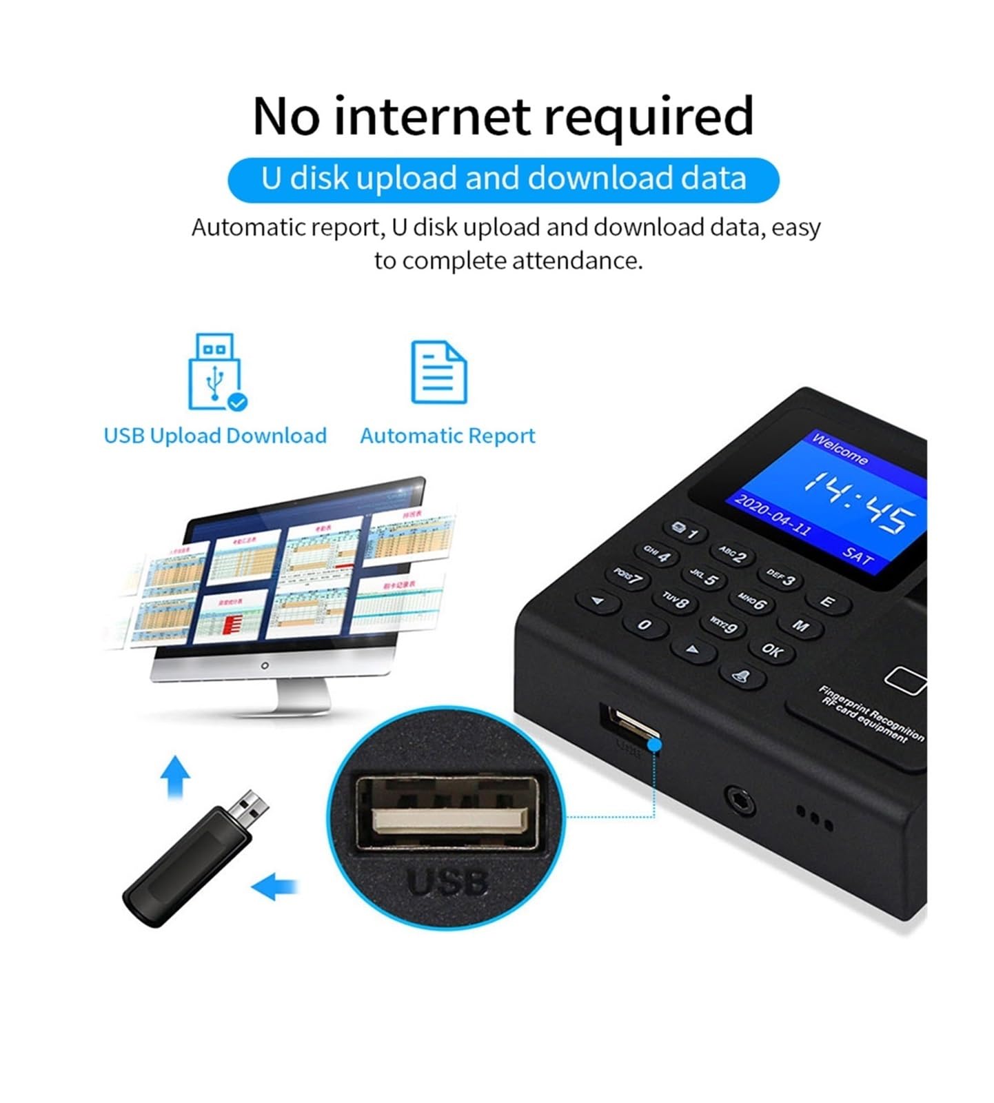 Orologio marcatempo, di controllo accessi RFID con scanner biometrico for impronte digitali, 1000 utenti, registratore presenze USB for ufficio fabbrica
